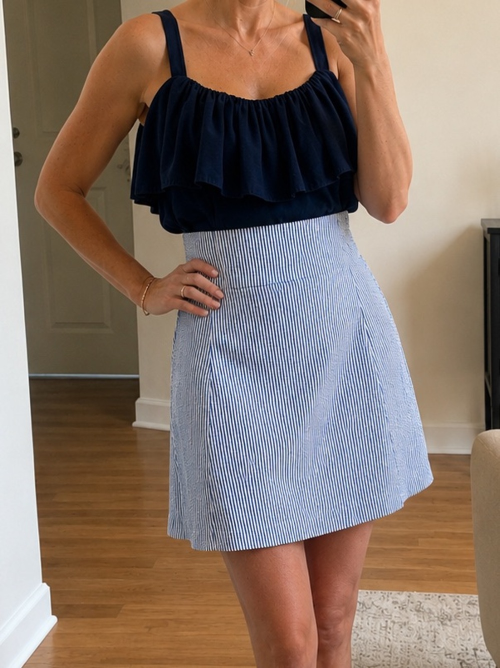 SUNNER Navy Seersucker Ruffle Mini Dress Size 4 | Coastal Preppy